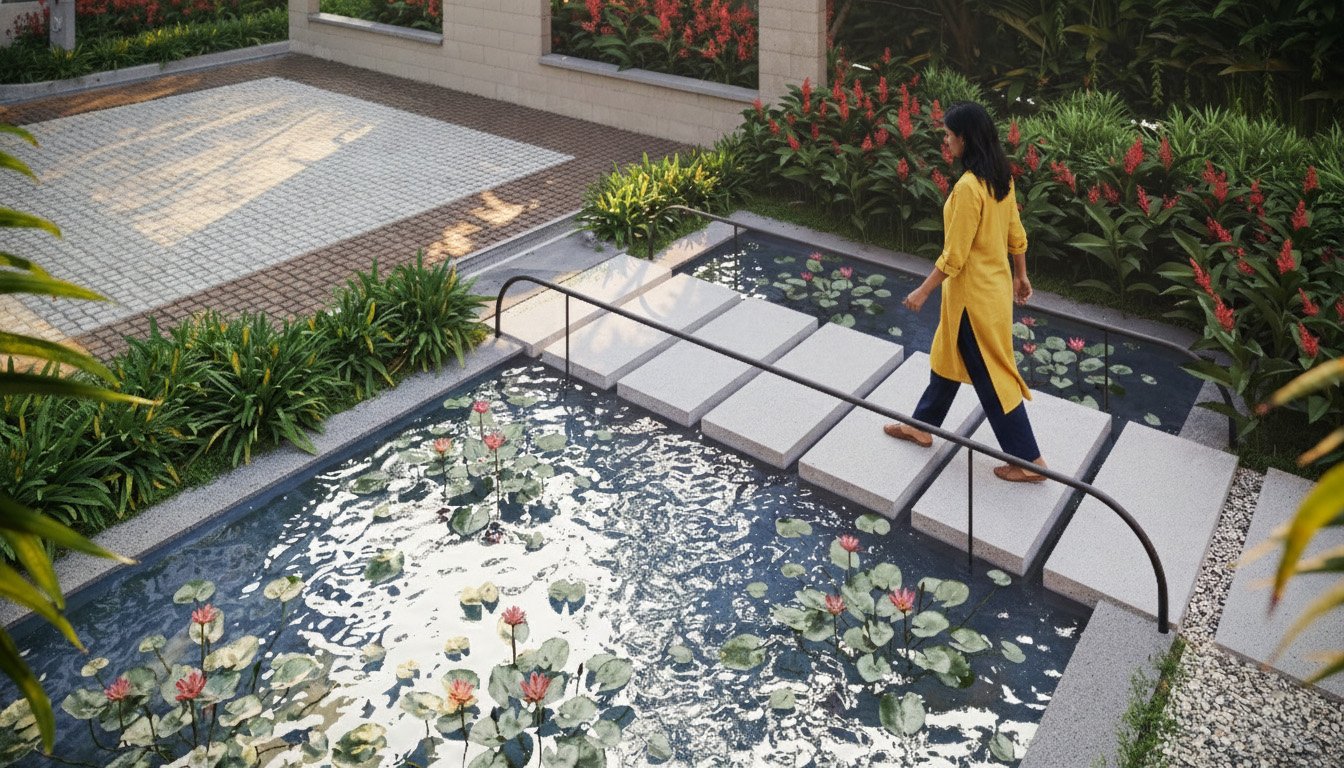 Stepping stones crossing a planted water garden beside the homes