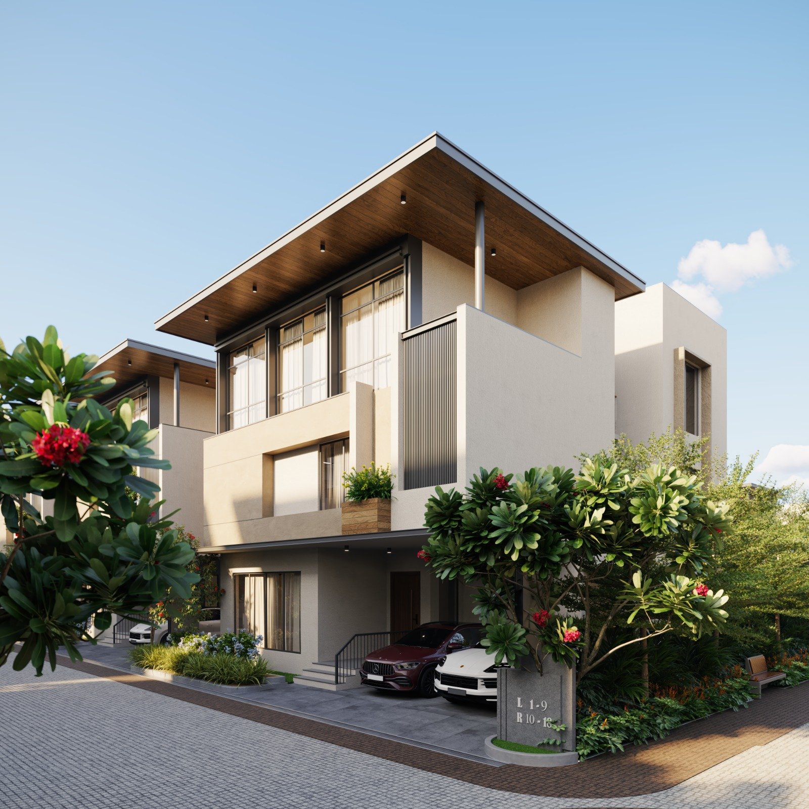 Contemporary villa at Zenora, with a timber soffit, planted edge and private drive