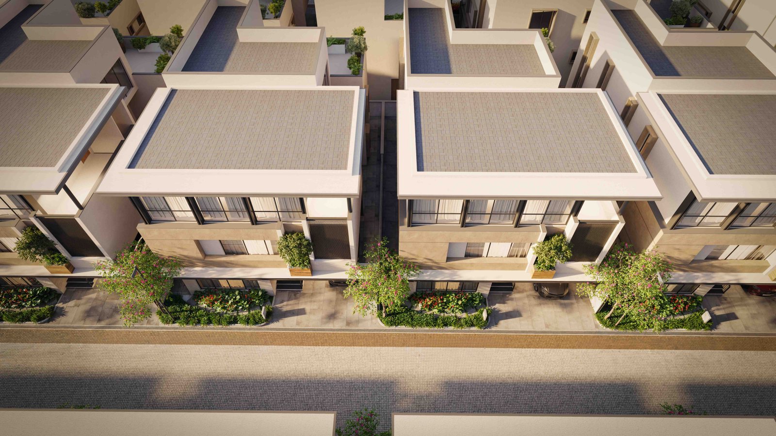 Aerial rhythm of villa roofs, courts and planted strips
