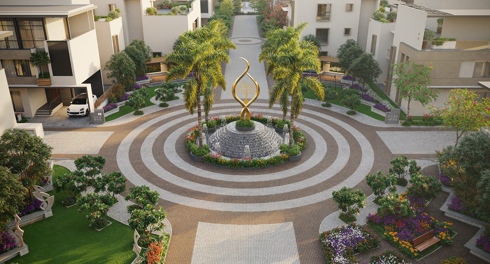 Aerial view of the landscaped central court at Zenora, framed by contemporary villas